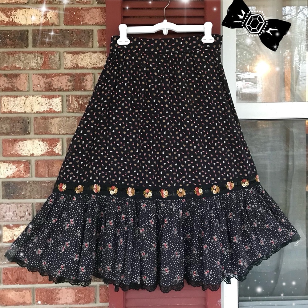 Vtg🎀Gunne Sax Black Calico Skirt Size S Prairie Midi Lace Trim👒🌾(RESERVED) - Picture 1 of 15